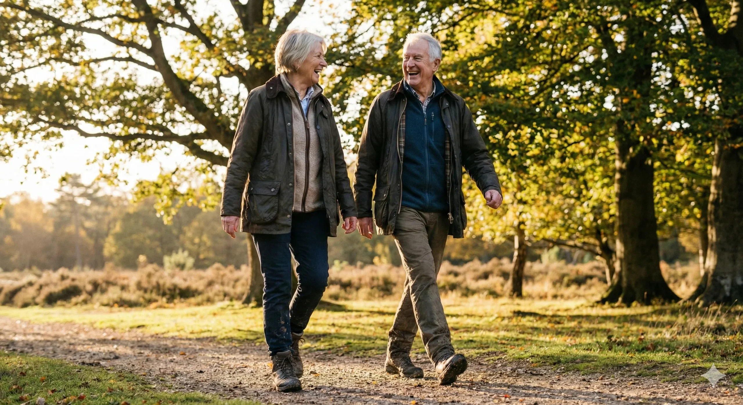 Active older couple walking briskly in the British countryside