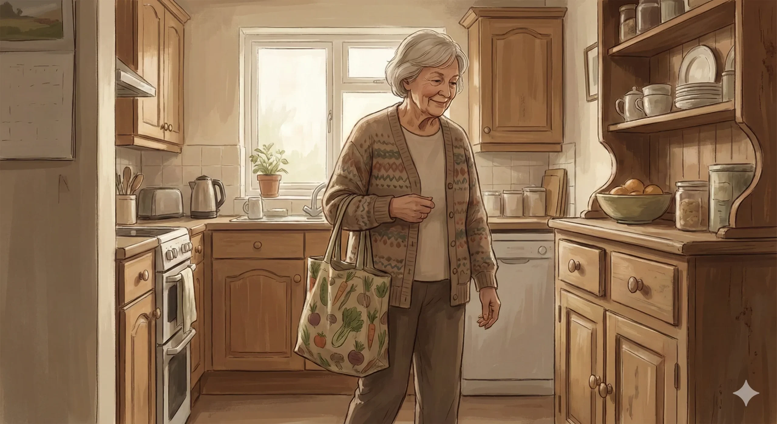 Illustration of an older woman carrying shopping bags on her forearm to protect finger joints