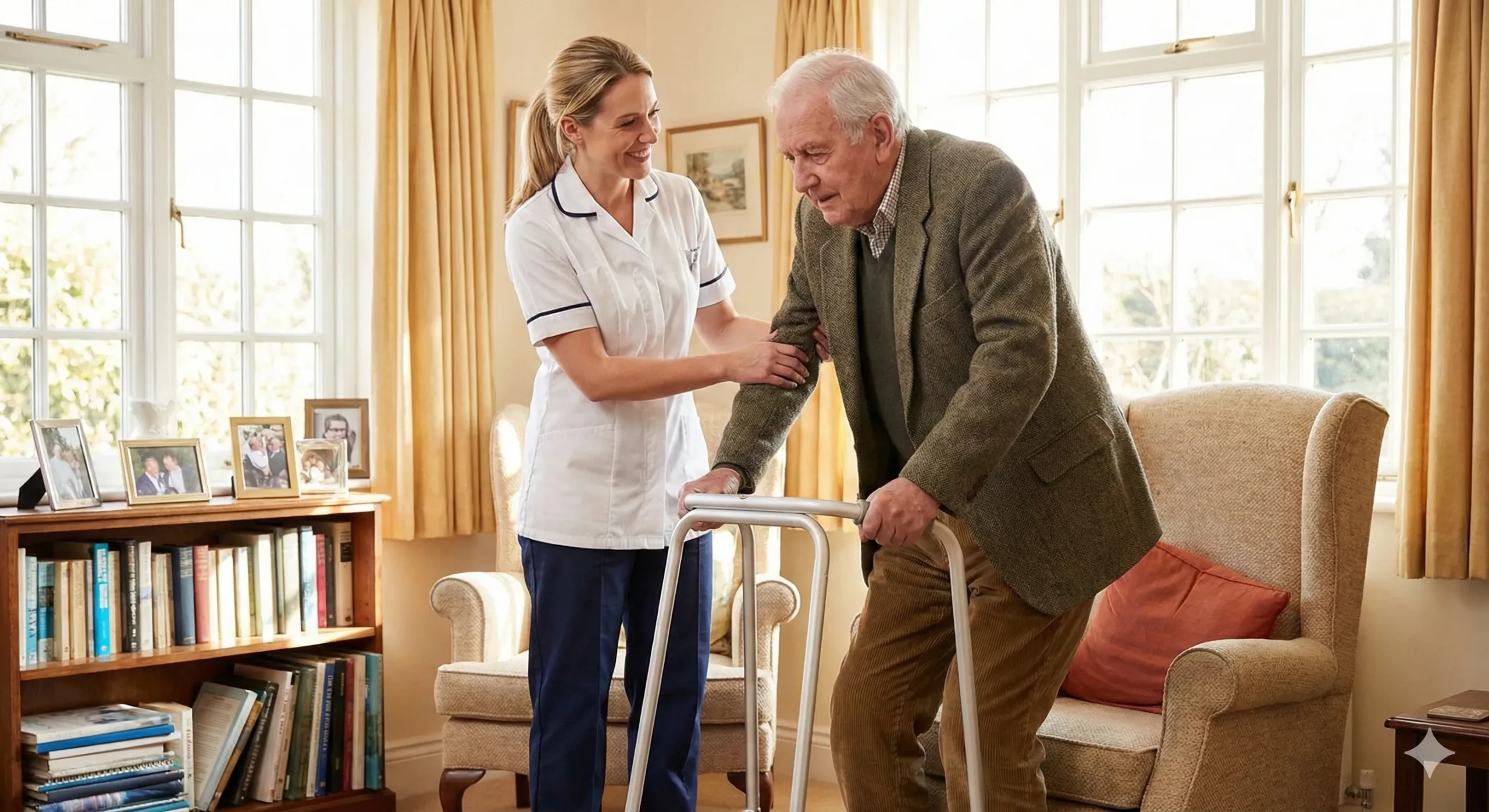 A chartered physiotherapist helping an elderly man practice sit-to-stand exercises in his living room to improve mobility and strength.