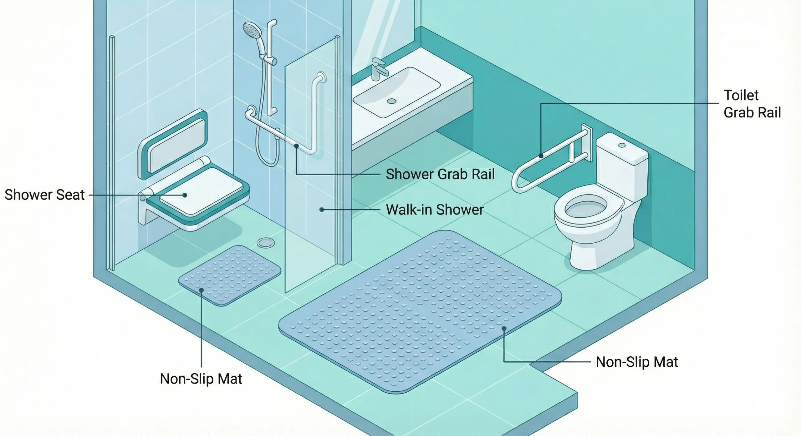Illustration of a safe bathroom setup for the elderly featuring grab rails, a shower seat, non-slip mats, and a raised toilet seat.