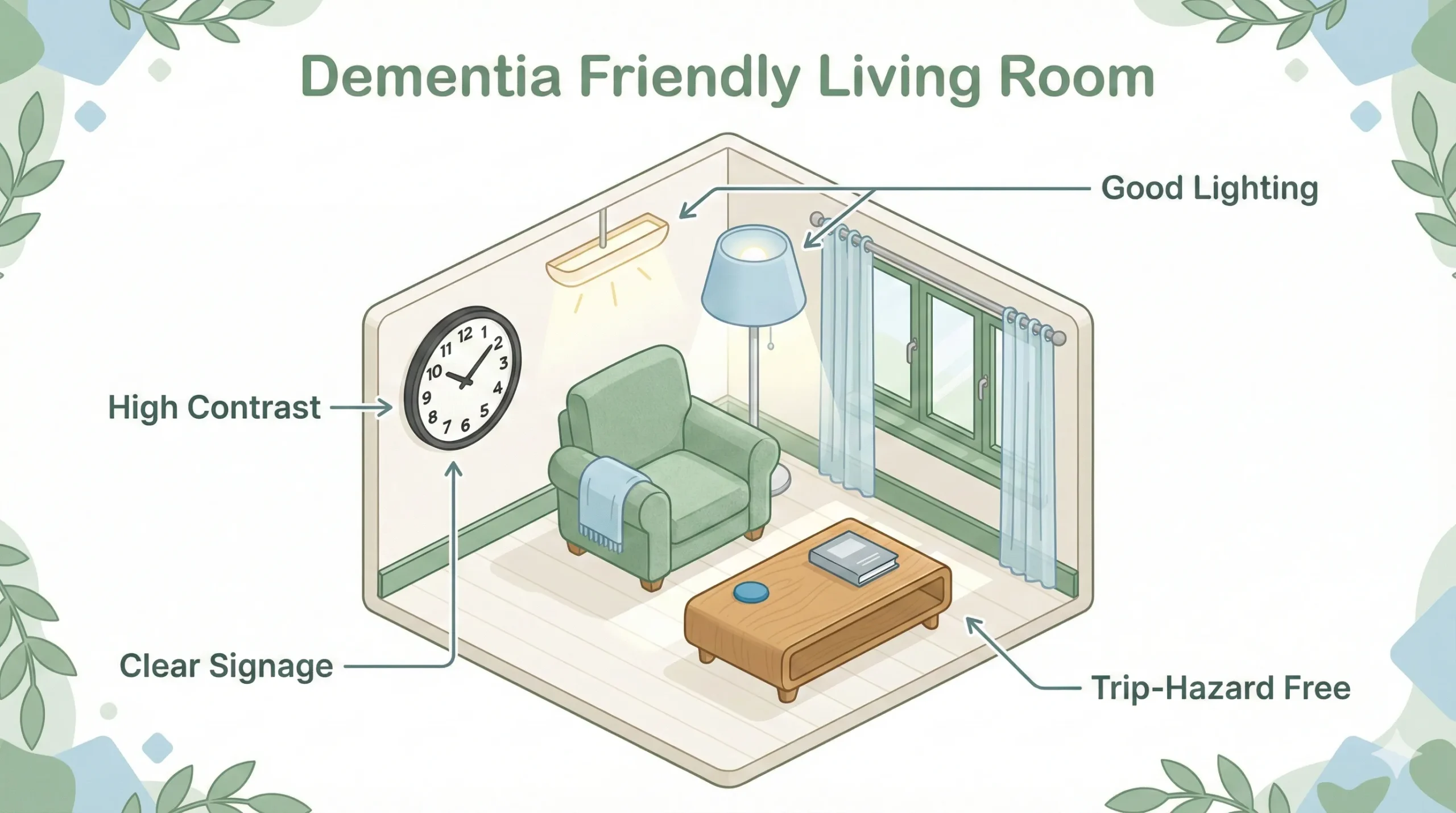 Illustration of a living room adapted for dementia care, showing high contrast lighting, clear signage, and hazard-free flooring.