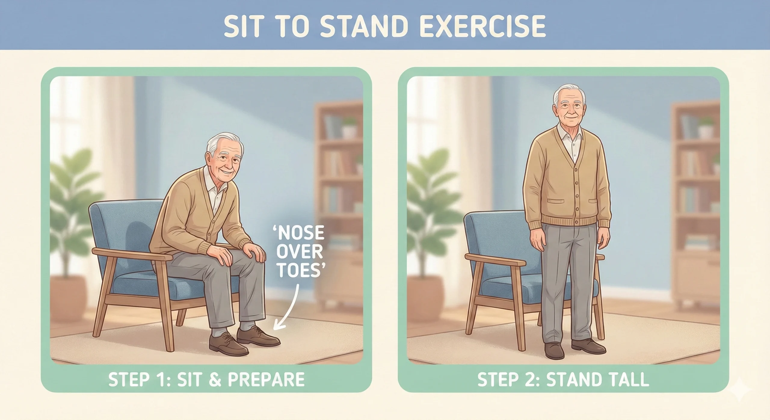 Illustration showing an older adult performing the sit-to-stand exercise correctly from a sturdy armchair, demonstrating safe posture for home physiotherapy.