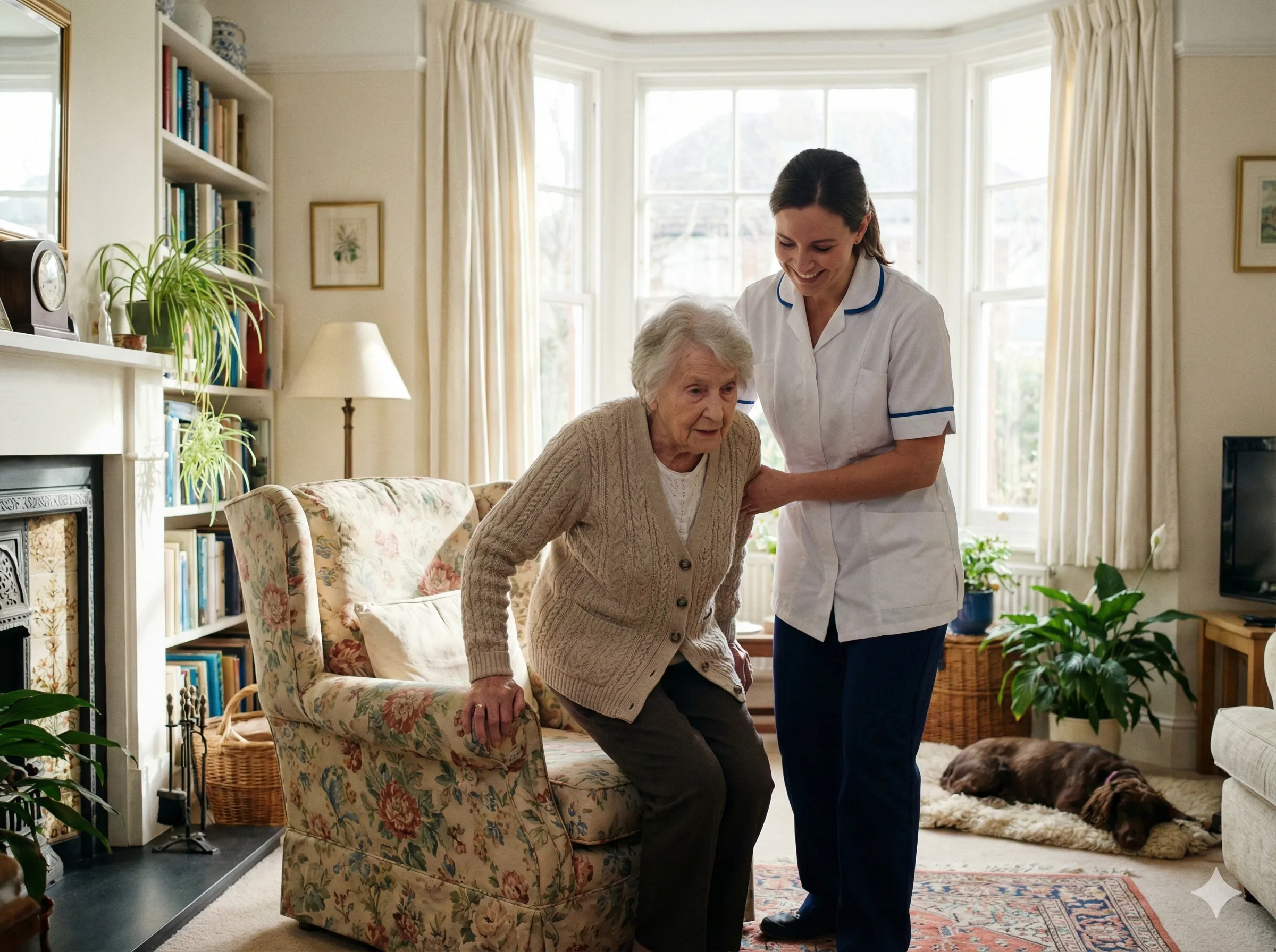 Private Home Physiotherapy Support for Hospital Discharge Private home physiotherapist supporting an elderly lady to stand up from her armchair