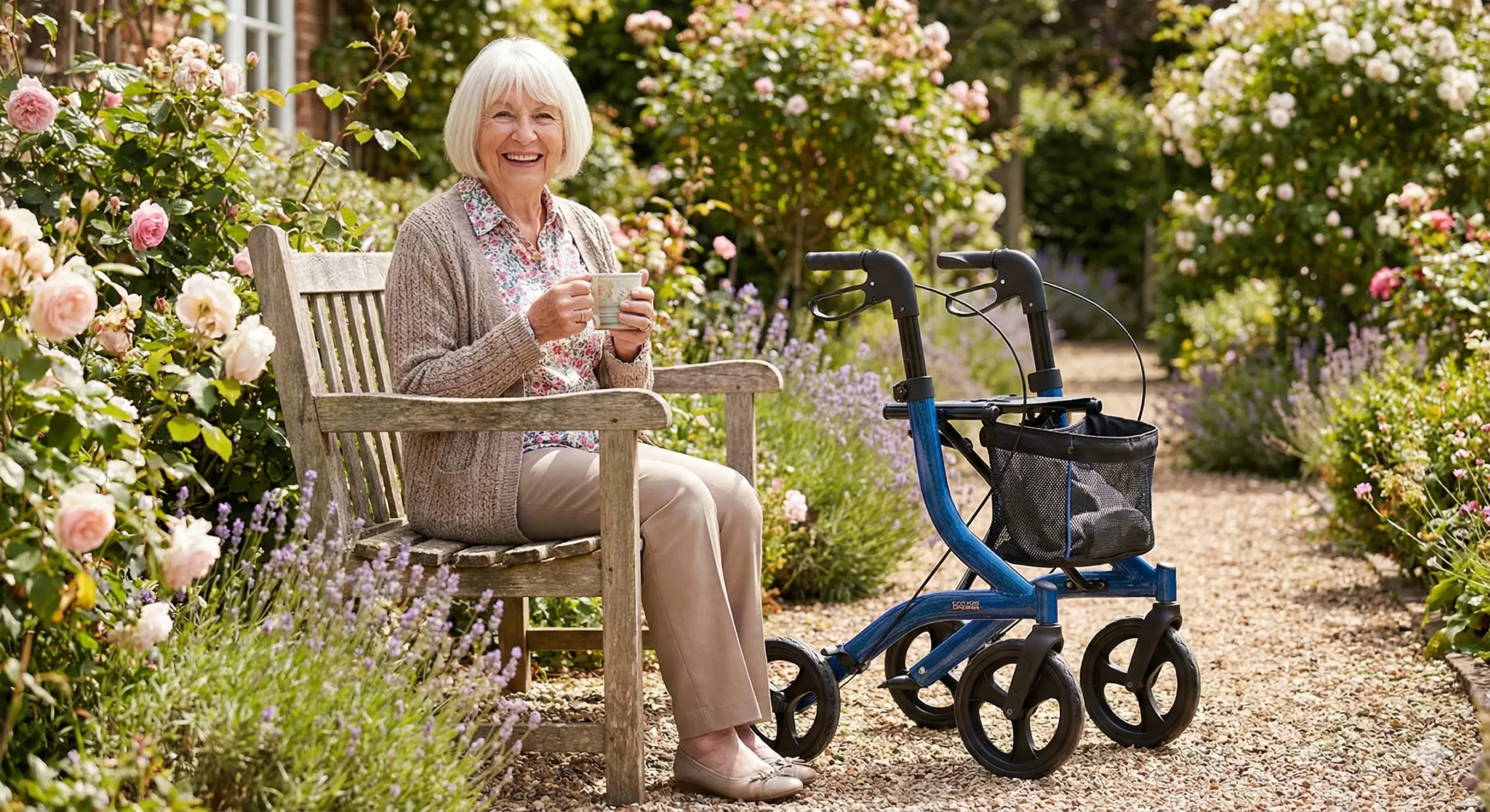 Help! My Elderly Parent Refuses to Use a Walker or Cane: Handling the Resistance 1 Elderly mother enjoying a cup of tea in the garden with her modern rollator parked nearby