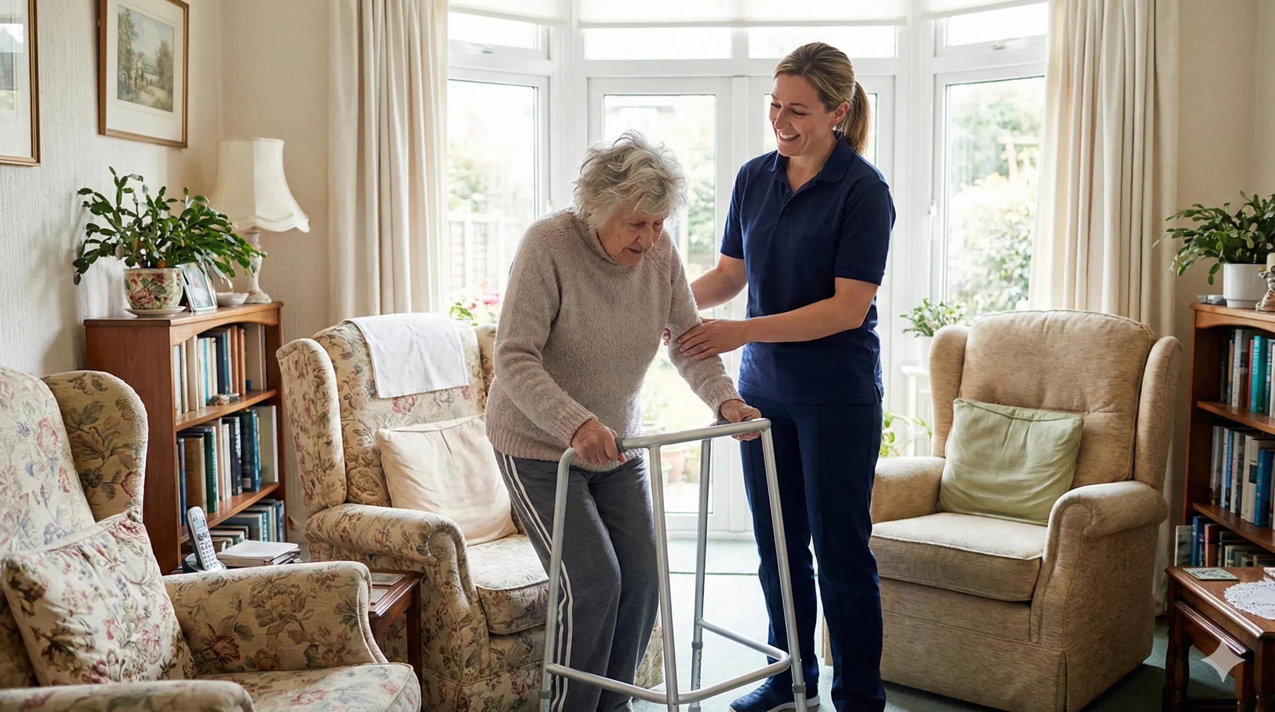 Physiotherapist helping knee replacement patient at home