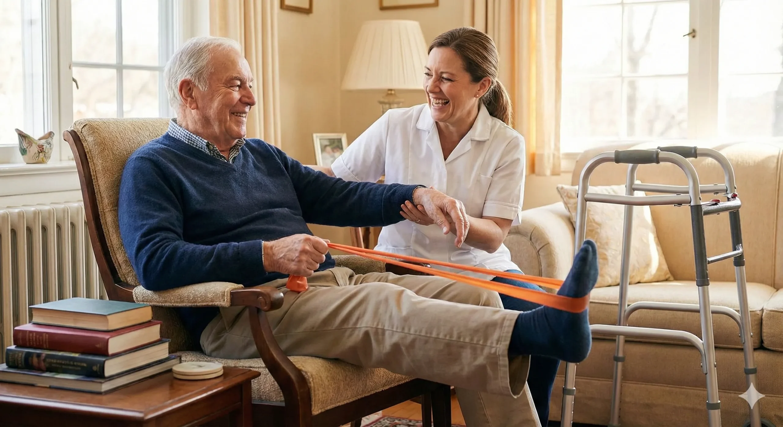 Physiotherapist helping elderly person with Parkinson's disease exercise at home