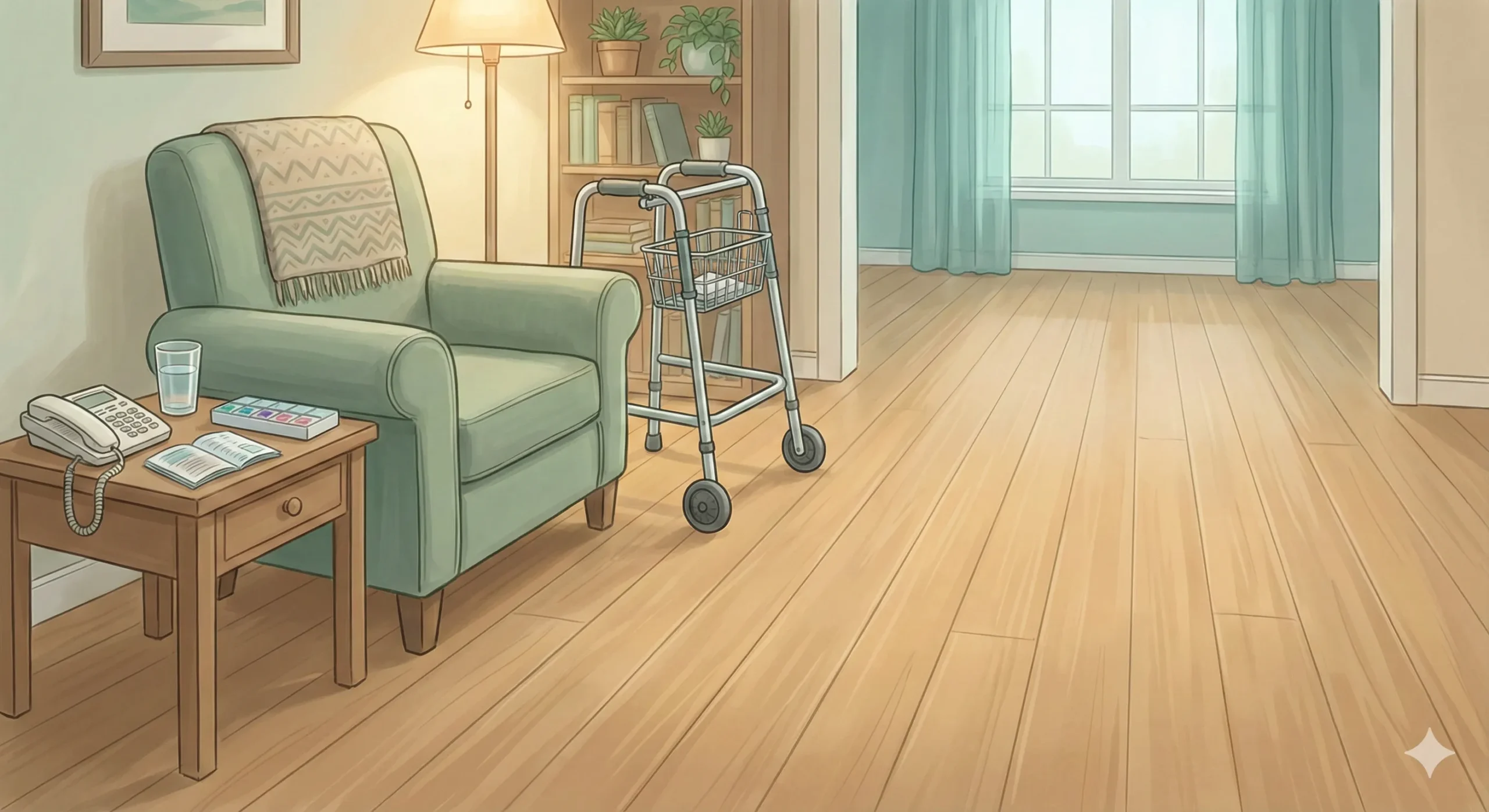 Your Parent Is Home From Hospital: The First 48 Hours 1 Illustration of a safe living room setup for an elderly person after hospital discharge, featuring a trip-free floor, adequate lighting, a walking frame, and essential items within easy reach.