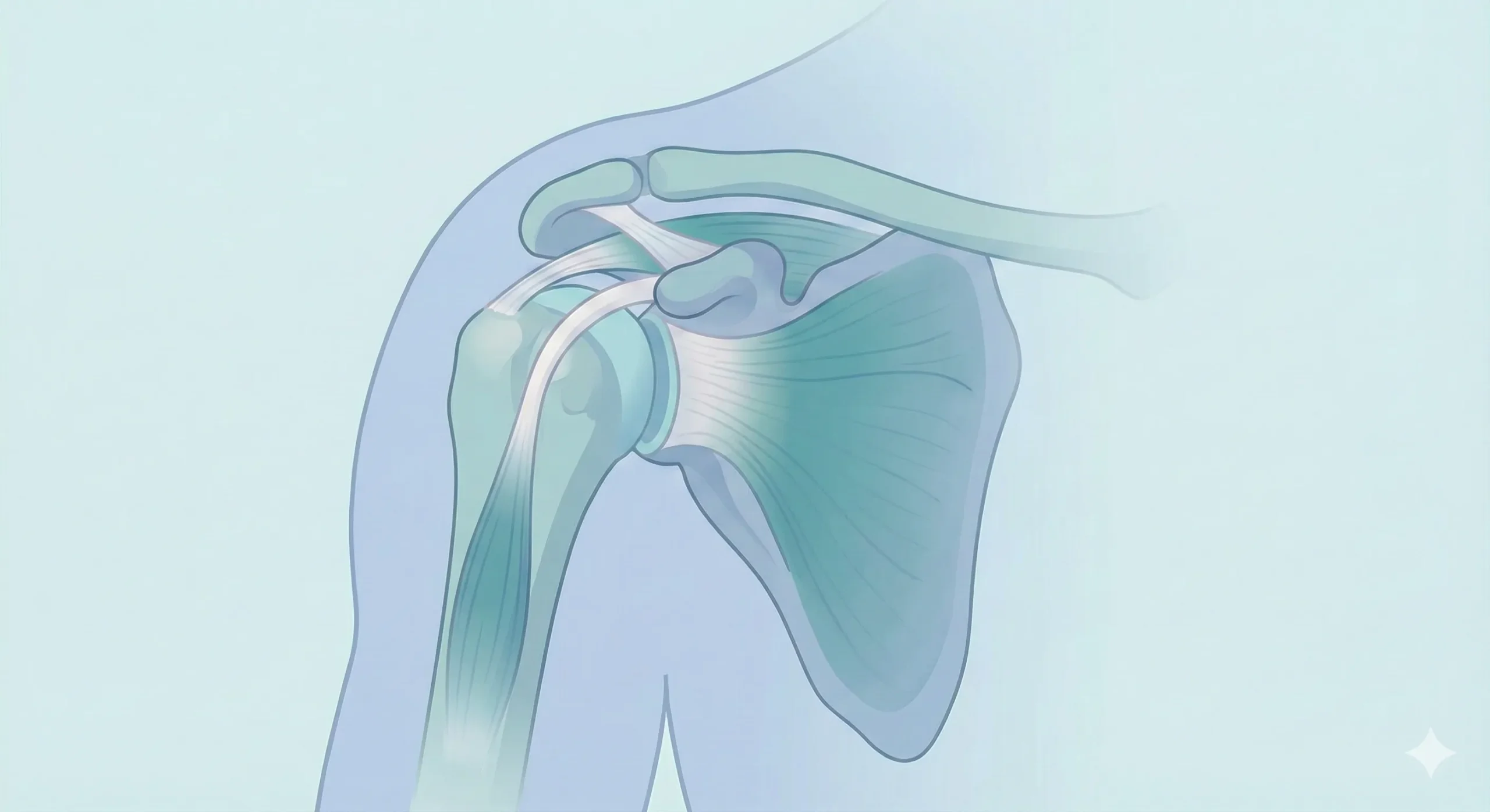 Medical illustration of the shoulder joint showing the bones and rotator cuff muscles to help understand rehabilitation and recovery