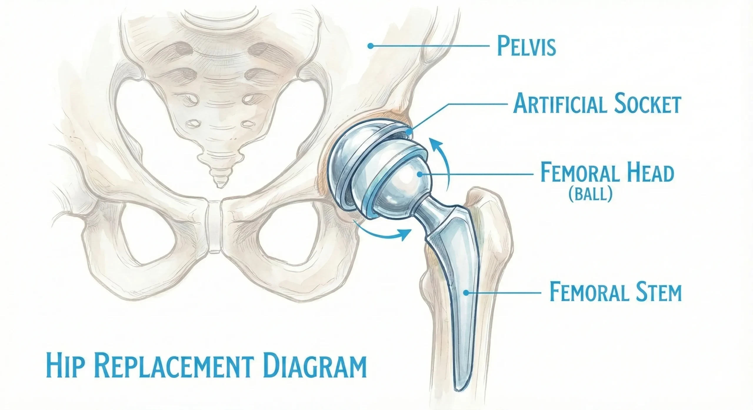 Anatomy of a Total Hip Replacement Implant Medical diagram showing the components of a total hip replacement, including the prosthetic ball and socket, highlighting how the joint is reconstructed.
