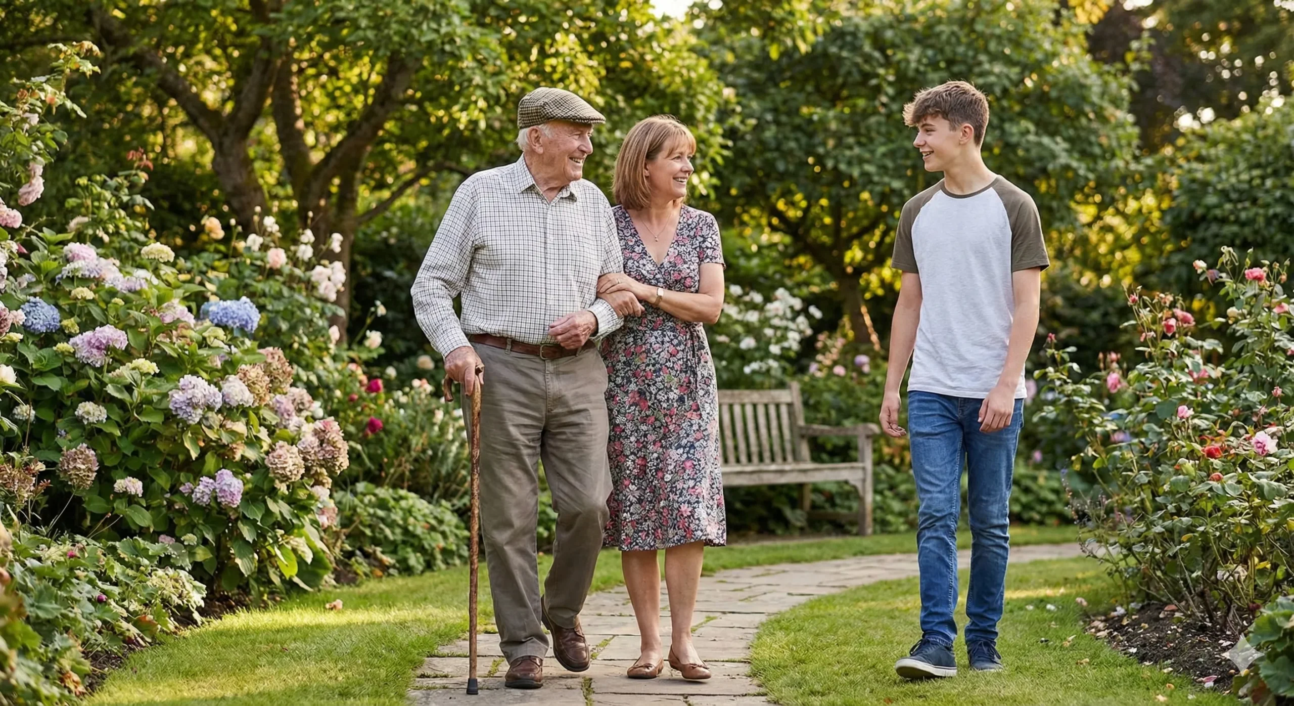 Active 90-Year-Old Man Walking In Garden With Family A candid photo of an active 90-year-old man with a walking stick being supported by his daughter and grandson while walking in a sunny garden.