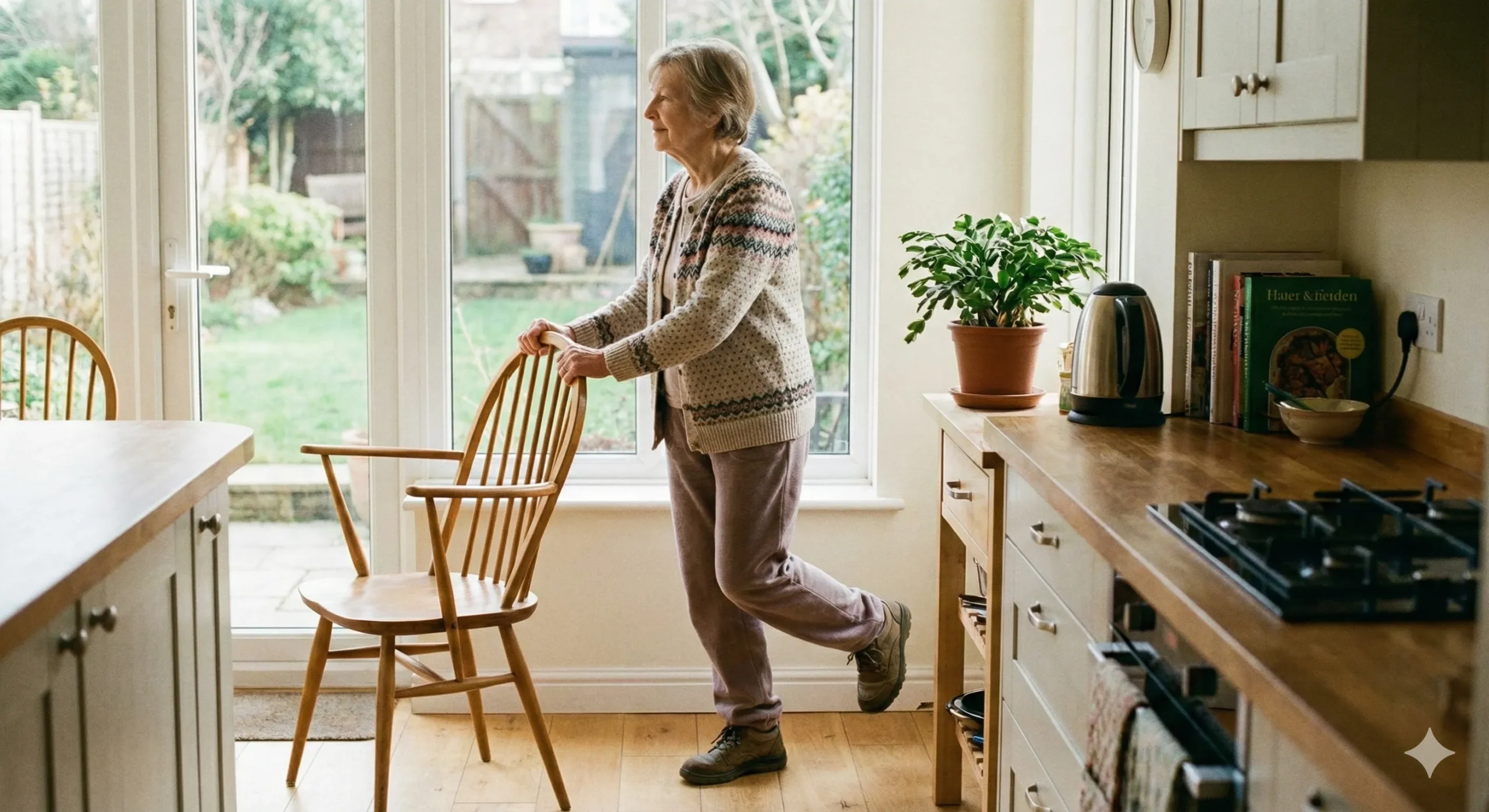 Balance Exercise For Older Adults At Home An older woman practising a standing balance exercise while holding a kitchen chair for support
