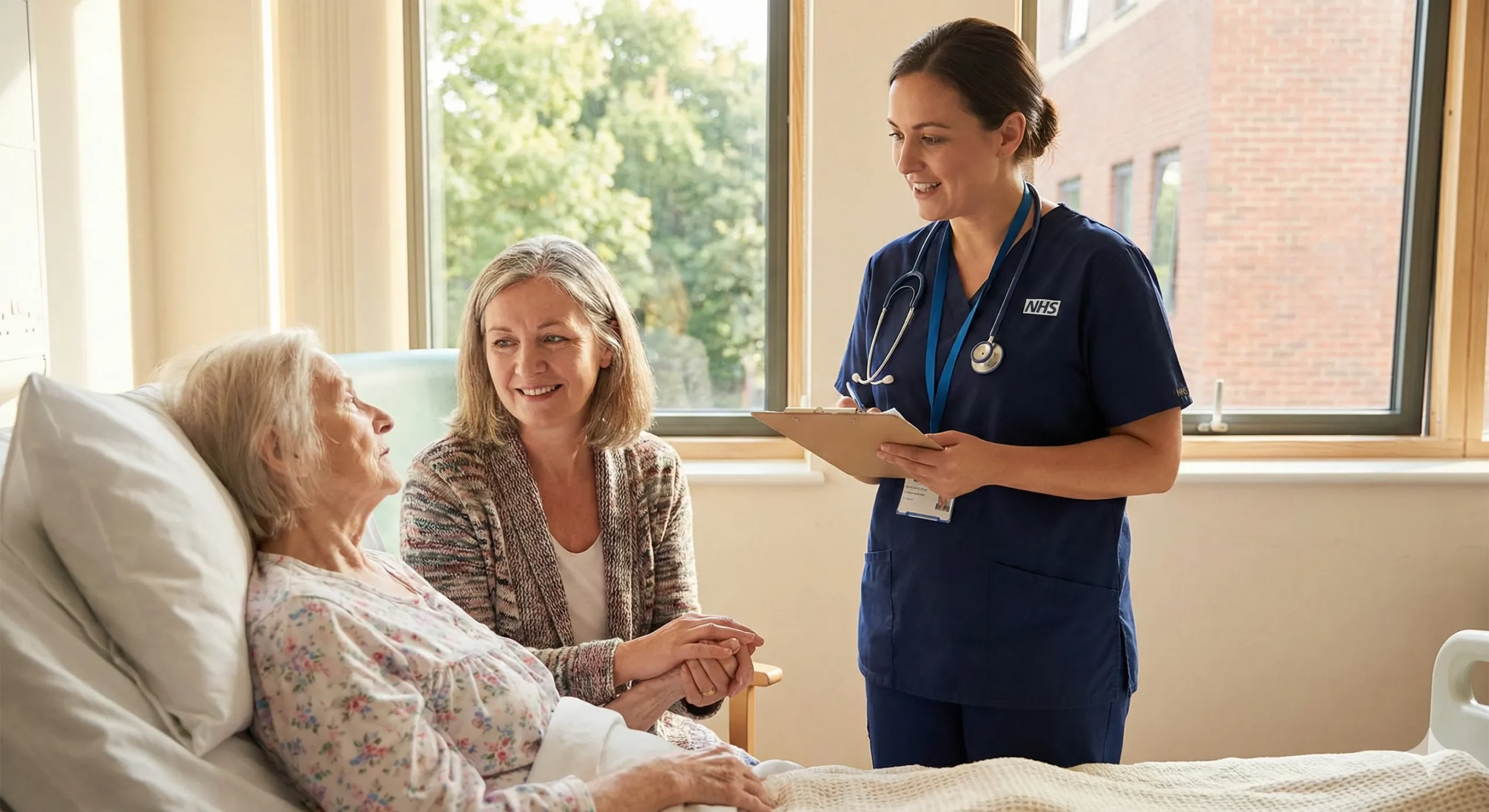 Hospital Discharge Planning - Family Guide Adult daughter holding her elderly mother's hand while discussing hospital discharge planning with a nurse on a hospital ward
